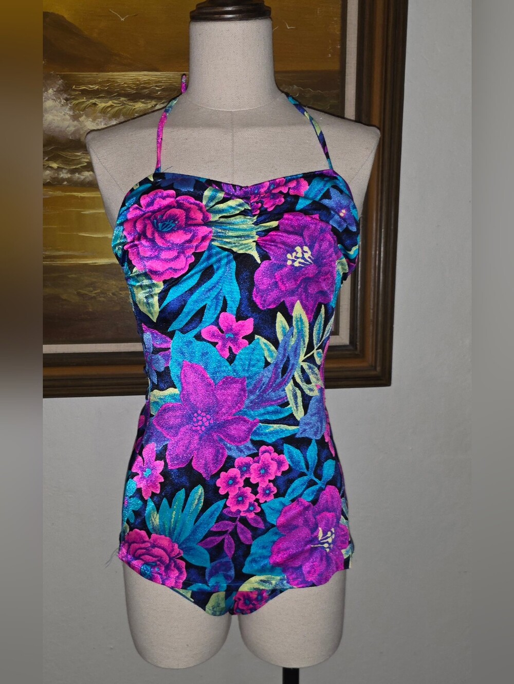 Vintage Sea Fair 1980s 1990s Tropical Floral Halter One-Piece Swimsuit